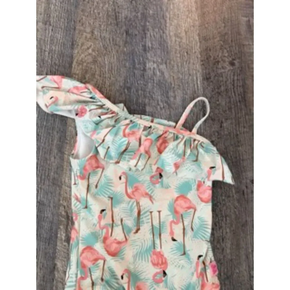 RuffleButts Girls 4T Flamingo Tropical Ruffle One Piece Swimsuit Aqua Pink